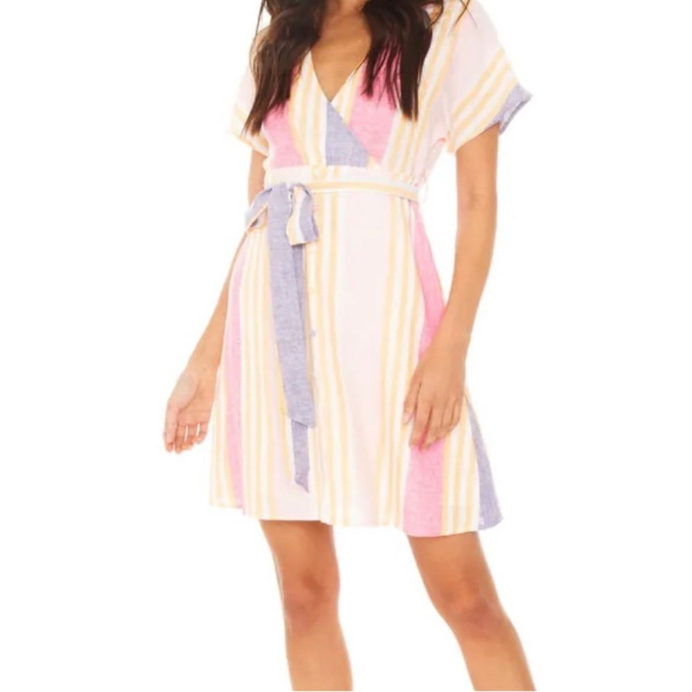Line and Dot Striped Wrap Linen Dress Size Small